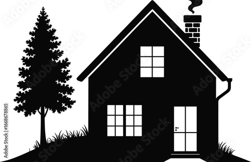 Silhouette of house with tree, cozy home illustration, chimney smoke, black and white design, residential building, peaceful neighborhood scene