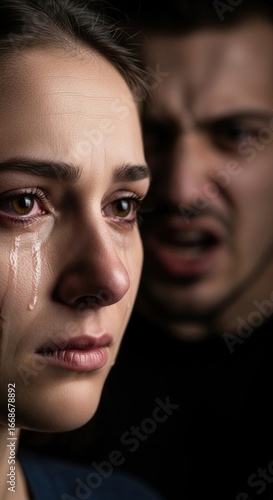 Woman crying, man yelling, dark background, domestic abuse awareness