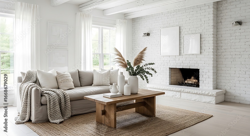 Fototapeta premium Bright and Airy Living Room with Fireplace and Cozy Furnishings