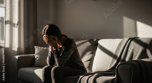 Woman crying sofa indoors sunlight depression