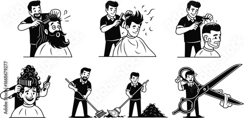 Black and white cartoon barbershop illustration, hair cutting, styling, clipping, customer grooming, sweeping floor, barber tools, hairdressing service art