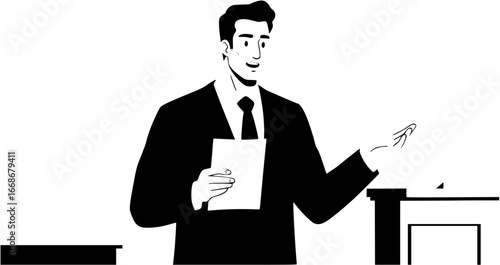  of a lawyer presenting a case confidently in a courtroom setting against a clean white background