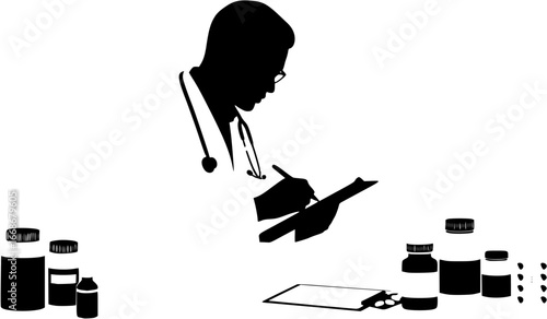 Doctor writing a prescription in silhouette against a white background, surrounded by medicine bottles in a clinical setting
