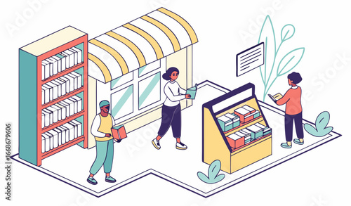 Diverse mini people choose books on bookshelves panorama. Customers make choice of novel, textbook to buy in bookstore. Library, literature store interior with reading buyers. Flat vector illustration