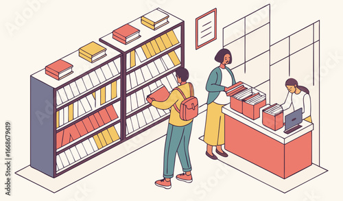 Diverse mini people choose books on bookshelves panorama. Customers make choice of novel, textbook to buy in bookstore. Library, literature store interior with reading buyers. Flat vector illustration