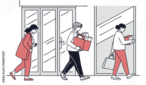 Mass layoff, resignations in company and jobless. Sad unemployed people leave office. Dismissal employees, loss of job. Fired workers gather things into boxes from workplaces. Flat vector illustration