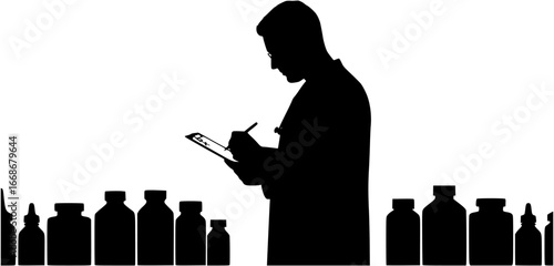 Doctor writing a prescription in silhouette against a white background, surrounded by medicine bottles in a clinical setting
