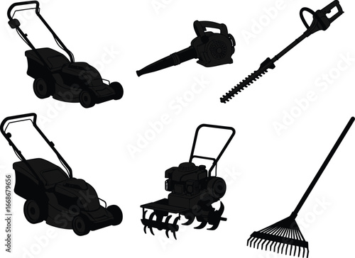 Silhouette set of garden tools including lawnmower, hedge trimmer, leaf blower, soil cultivator, and rake for landscaping, gardening, outdoor yard care, and maintenance