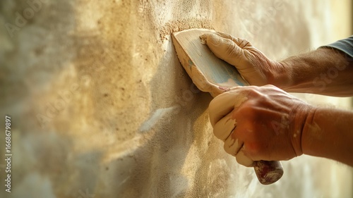 Wallpaper Mural Crafting Texture: A craftsman carefully applies a trowel to a textured wall, highlighting the artistry of craftsmanship and the transformation of surface. Torontodigital.ca