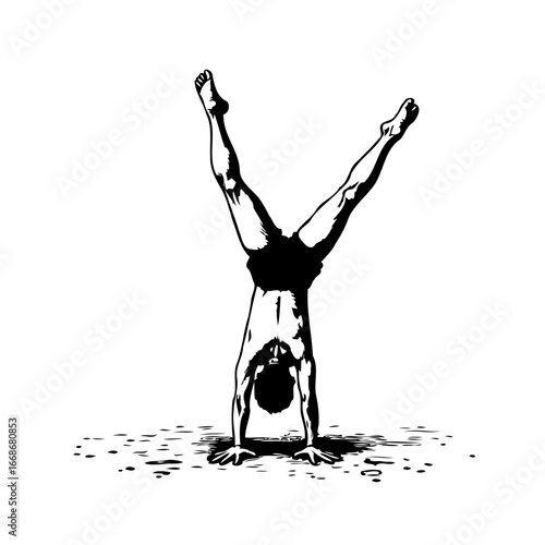 A focused monochromatic stylized handstand display showcasing balance agility strength control