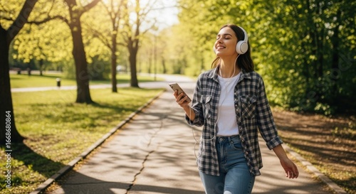 Woman listening to music while walking in a park. Sunlight filters through trees lining a paved path