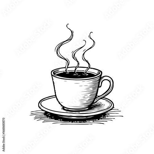 A hand drawn illustration of a steaming coffee cup on a saucer offering comfort and relaxation