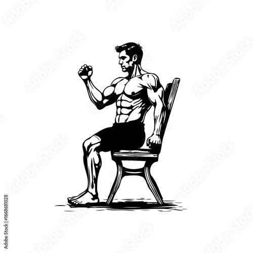 A striking monochrome depiction of a muscular man demonstrating seated bicep curls utilizing