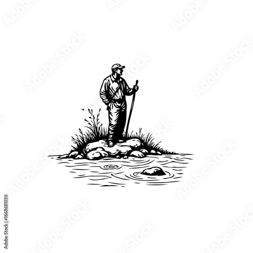 A solitary fisherman stands patiently by the water's edge on a small island waiting for a catch