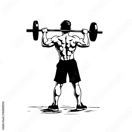 A strong muscular athlete with barbell lifting silhouette to build power endurance and fitness for