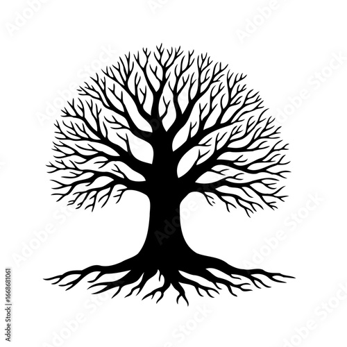 A stylized silhouette illustration of a tree showcasing its branching pattern and root system with