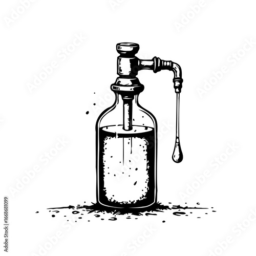 A vintage styled dispenser showing liquid, with a classic tap design against a white backdrop
