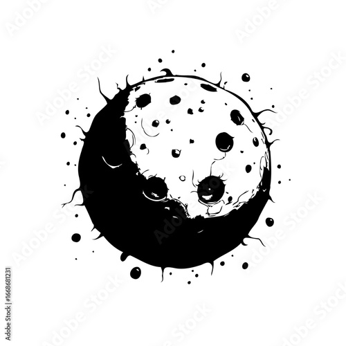 Abstract celestial sphere with craters and splatters captivating monochrome artwork ideal for