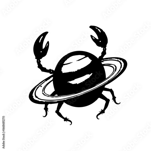 Abstract crab creature with saturn rings encircling its body creating an imaginative artistic