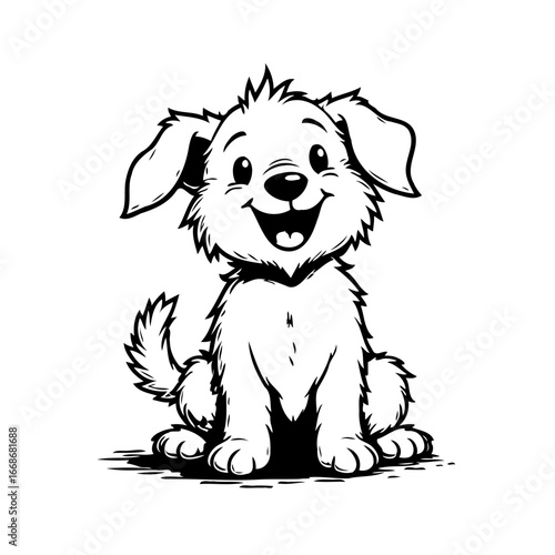 Adorable cheerful puppy radiating joy with playful innocence in a whimsical black and white