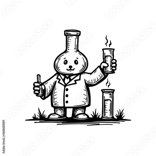 Anthropomorphic bunny scientist conducting chemical experiments with laboratory glassware in an