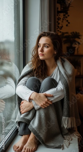Woman seated by window, contemplative pose
