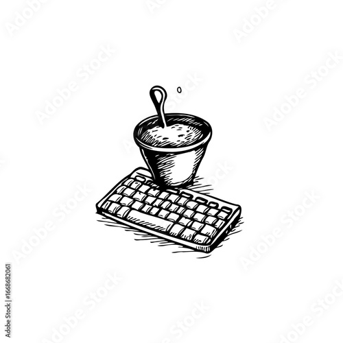 Artistic portrayal of a steaming beverage beside computer keyboard evokes moments of digital