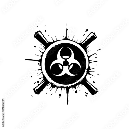 Biohazard Symbol with Black Ink Splatters Creates a Distressed and Graphic Warning Sign Icon Look
