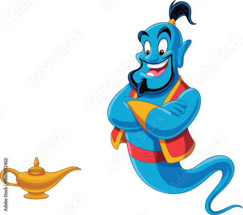 Cartoon blue genie with magic lamp, fantasy character illustration, Arabian fairytale spirit, mystical creature vector, magical wish clipartV