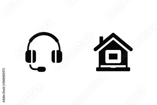 Remote work icons headphones and house symbol for telecommuting and home office concepts
