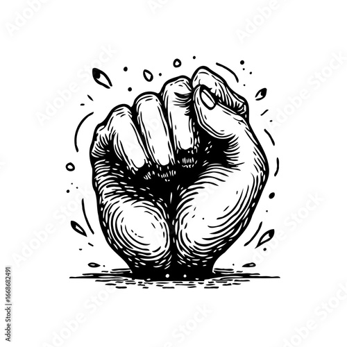 Bold monochrome illustration featuring a clenched fist symbolizing determination empowerment