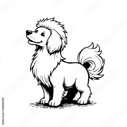 Cartoon dog artwork shows cute pet with fluffy tail and cheerful expression standing tall