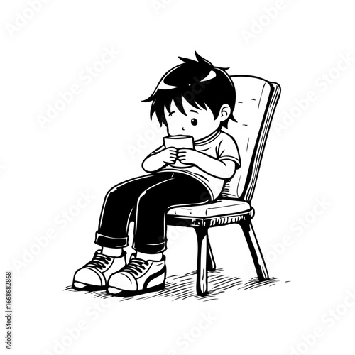 Charming monochromatic illustration of a young boy absorbed in using a mobile device while