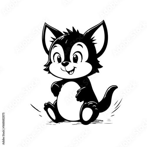 Charming monochromatic kitten character design offering joy with big eyes and smiling face perfect