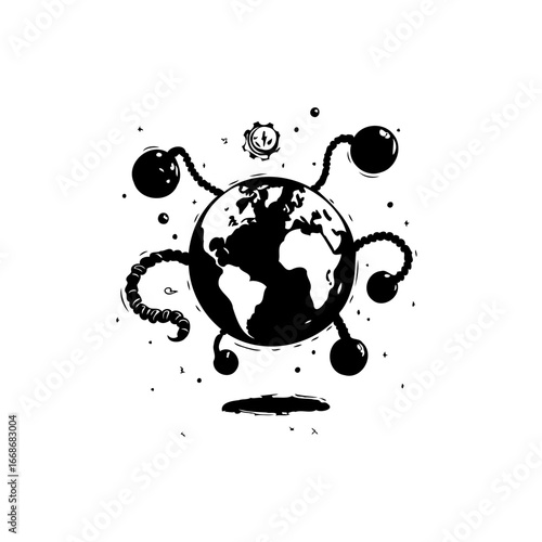 Conceptual artwork featuring a stylized earth under the weight of environmental burdens and global
