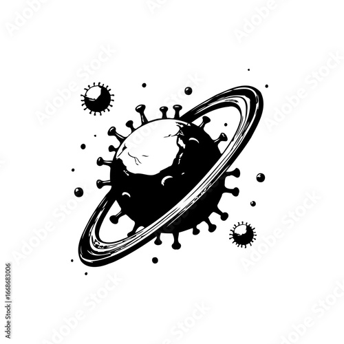 Conceptual depiction of a planet with viral features representing global health challenges and