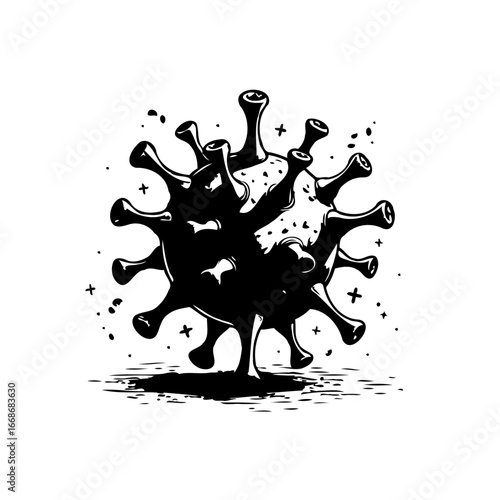 Detailed stylized illustration of virus with spikes and texture on a white background depicting