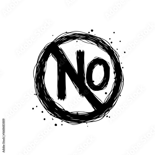 Drawn negation symbol expressing disapproval or denial within a circular scribble and scattered