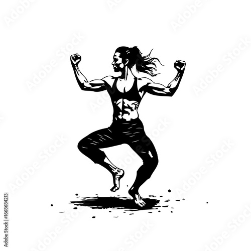 Dynamic female fitness enthusiast celebrating athletic achievement with powerful muscular physique