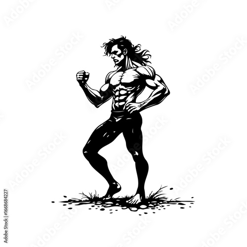Dynamic figure in monochrome depicting strength determination and resilience embodied through