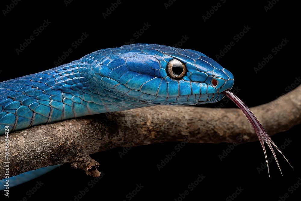 Obraz premium Vivid blue snake with iridescent scales, resting on a dark branch against a black background, its tongue flicking out