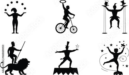 Black silhouette circus performer illustrations, juggling, unicycle, stilt walking, lion act, platform show, stars, ring balance, entertainment, performance art