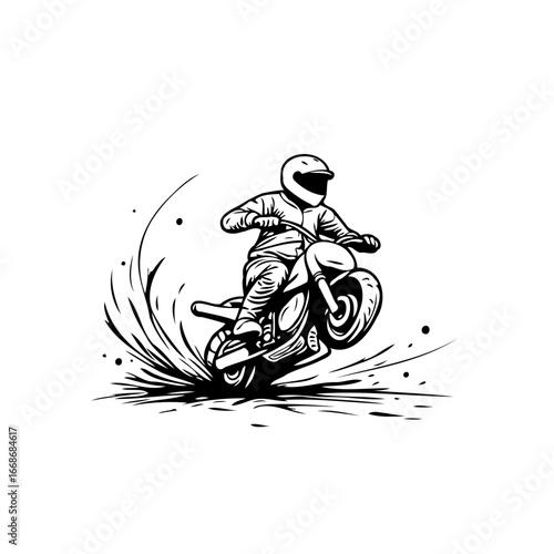 Dynamic motorcycle rider silhouette executing an impressive stunt against a stark white backdrop