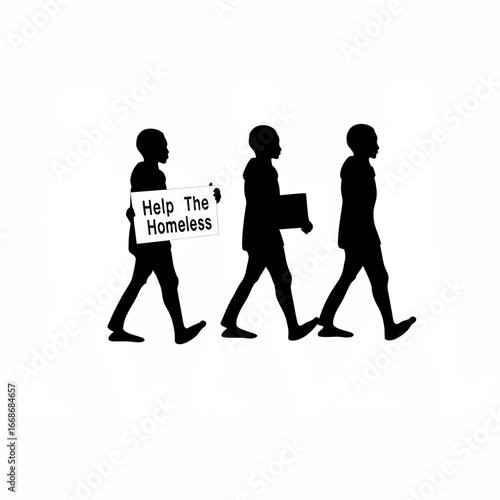 Group walking with help the homeless placards silhouette on white background isolated on white background