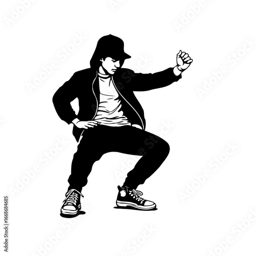 Dynamic pose of a young man in casual wear expressing strength and attitude through movement in