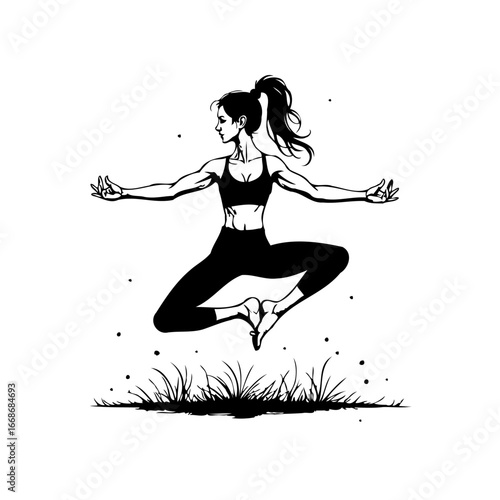 Dynamic pose capturing a fitness woman in mid air levitating above grassy earth surface