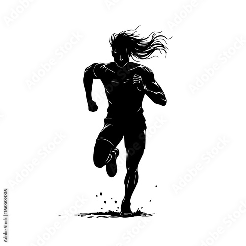Dynamic silhouette of determined runner with flowing hair sprinting forward with intense effort