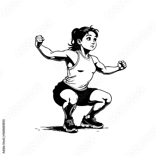 Dynamic vector illustration of a strong woman exercising with powerful muscular physique during a