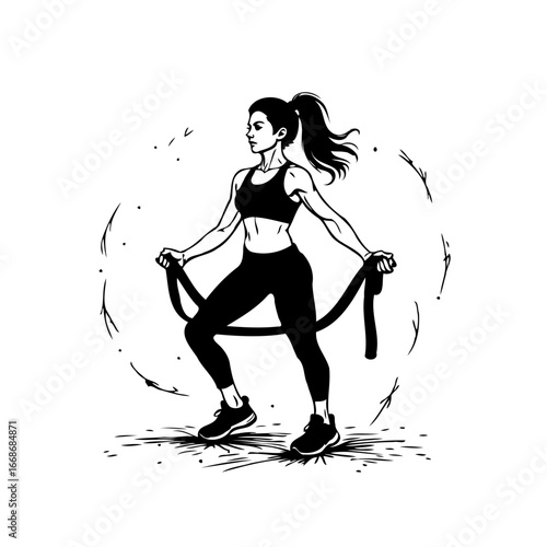 Dynamic workout illustration showcasing determined woman with battle ropes and a focus on strength