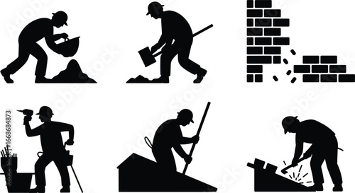Black silhouette construction worker illustrations, shoveling, pickaxe, bricklaying, drilling, roofing, welding, building industry, manual labor, tools, infrastructure, construction site